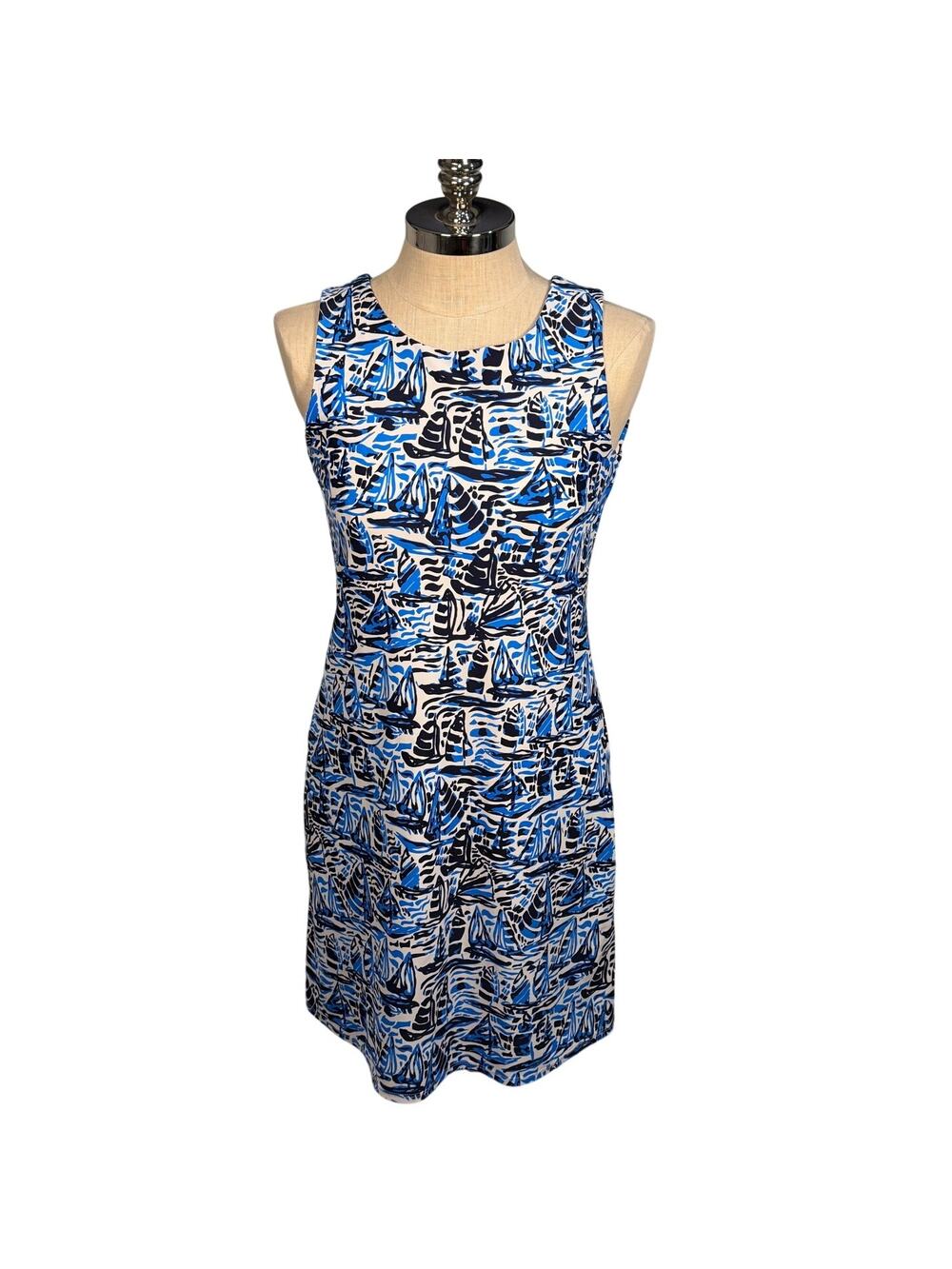 Jude Connally Blue White Sailboat Print Sleeveless Shift Dress Medium